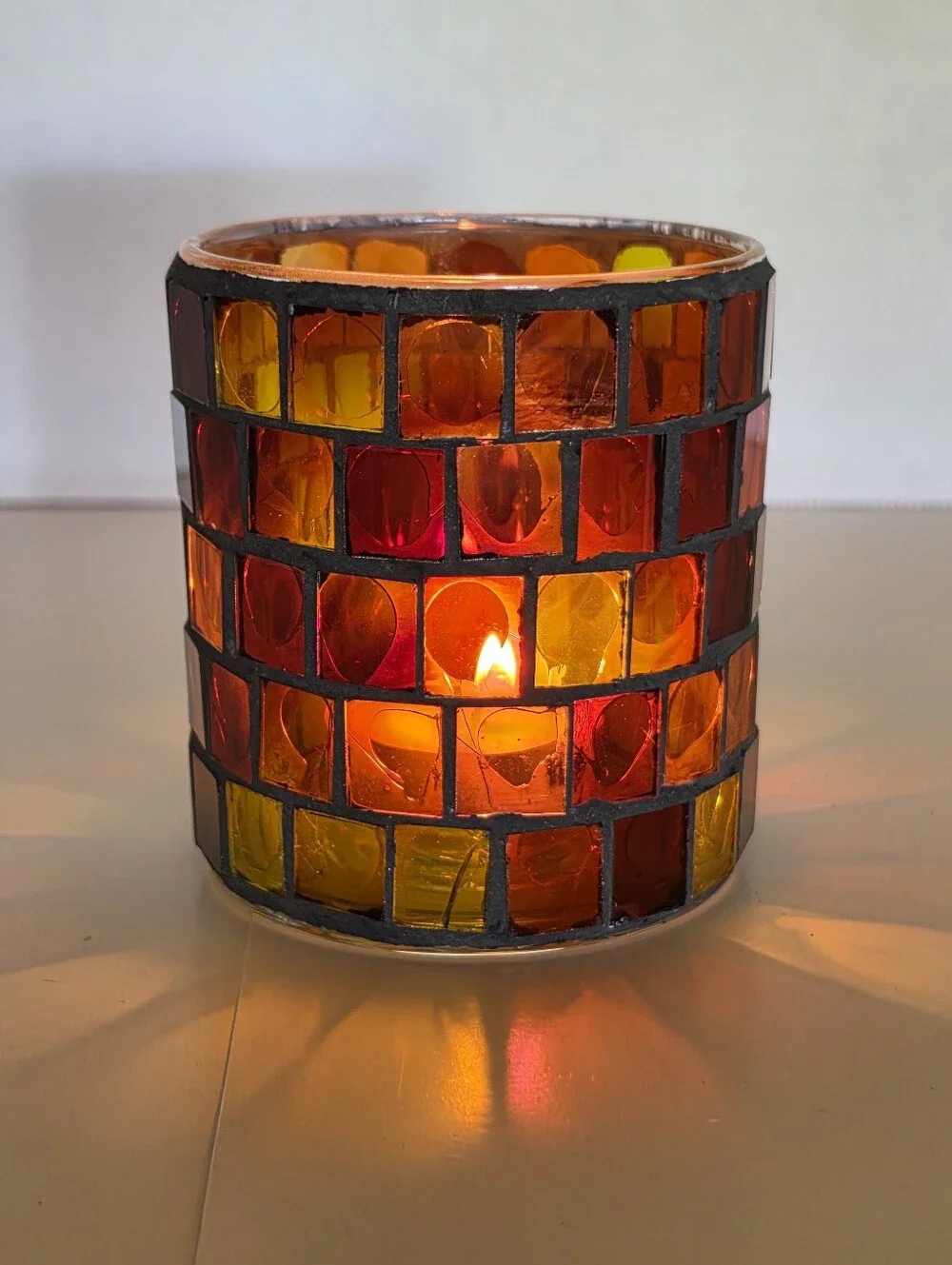 Handmade Mosaic Glass Candle Holder Votive Lantern Autumn Amber Orange Red Boho